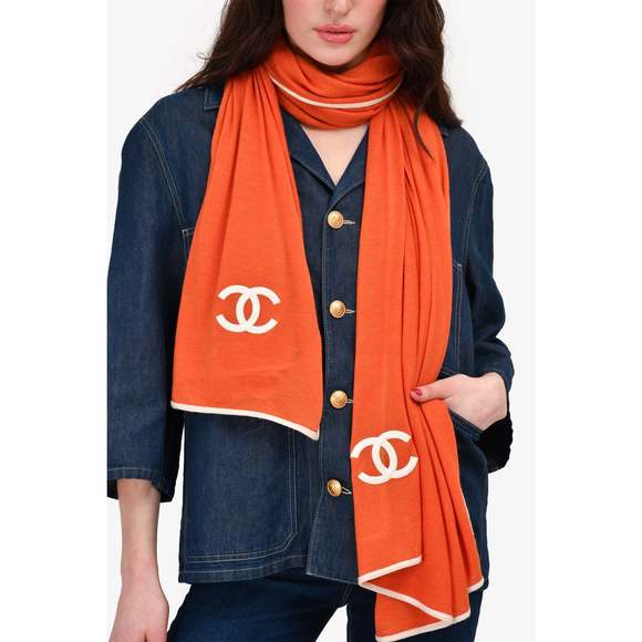 Pre-Loved Chanel™ Orange/White Cashmere/Silk Logo Scarf (As Is) - Picture 2 of 3